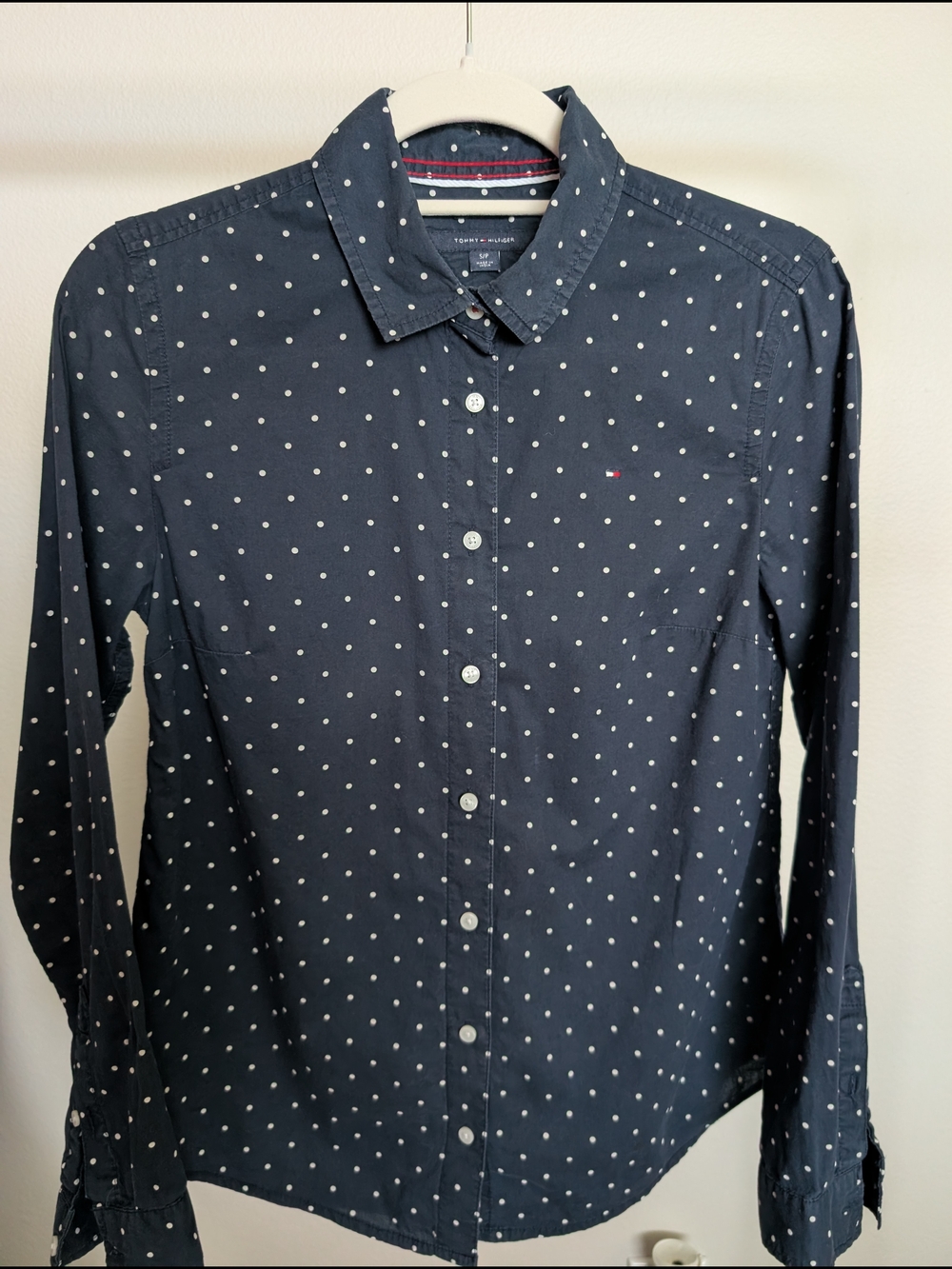 Tommy Hilfiger Navy Button-Down Shirt with White Polka Dots
